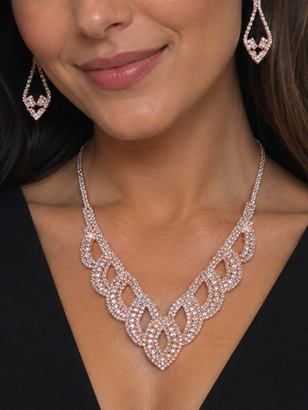 Vintage Style Rose Gold CZ Statement Necklace & Earring Set Bridal Evening Bling